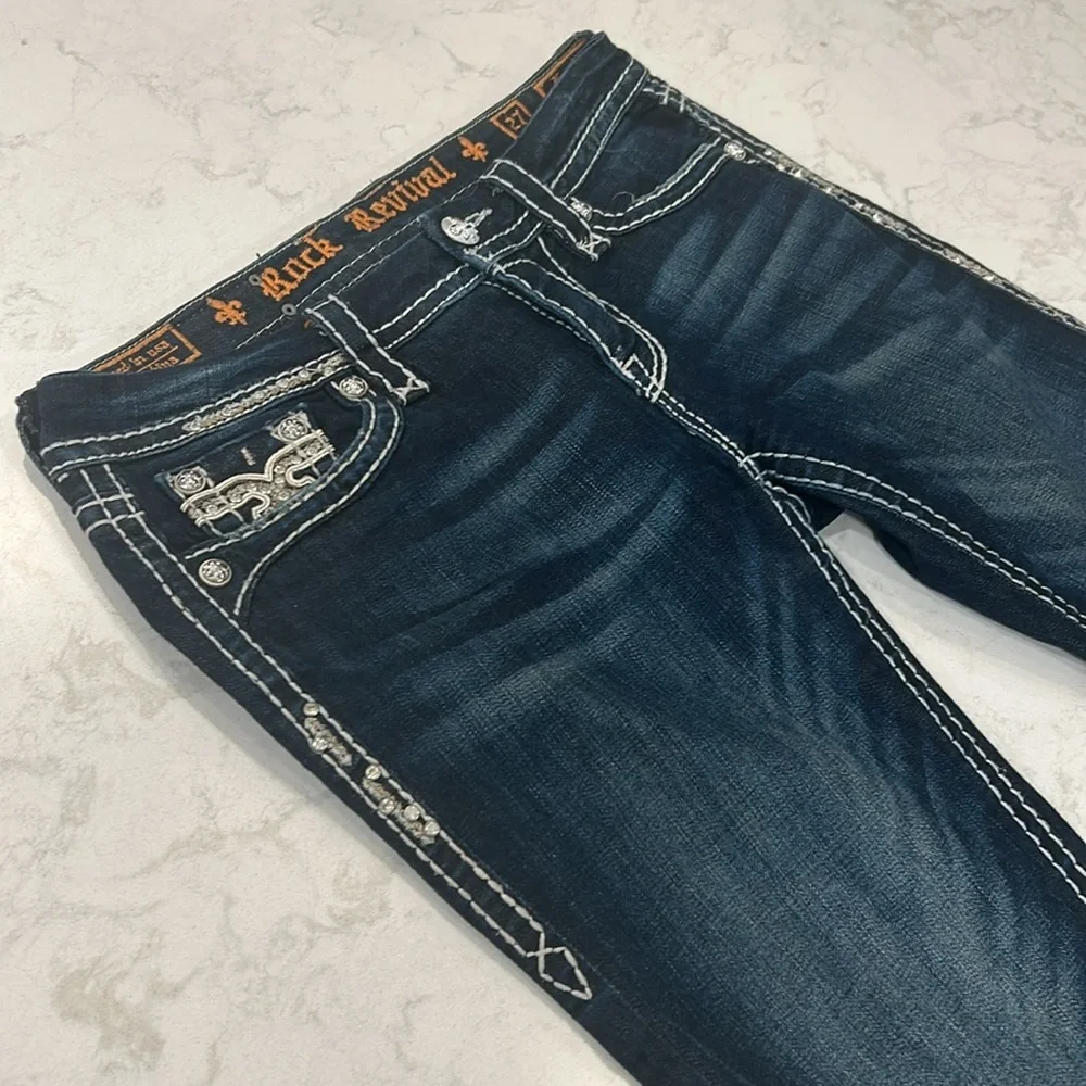 Rock Revival Karla Skinny Jean 27 Embellished Bling Low Rise Dark Wash - Picture 13 of 16